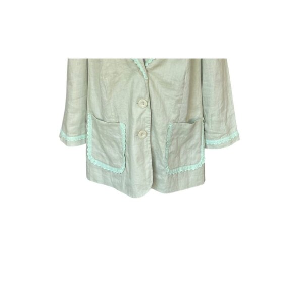 Edward Woman 100% Linen Blazer Size 2X Mint Pastel 3/4 Sleeves Lace Trim Long - Picture 3 of 8